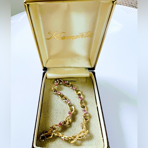 VTG Signed Krementz 14K GOLD Overlay Pink Clear Topaz  Bracelet c1940s NIB - Picture 2 of 10